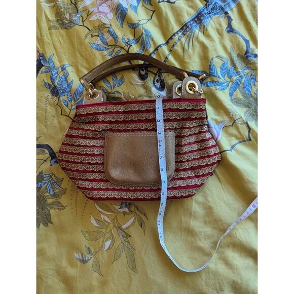 Eric javits tan and red canvas knit wicker basket weave bag euc - Picture 5 of 7